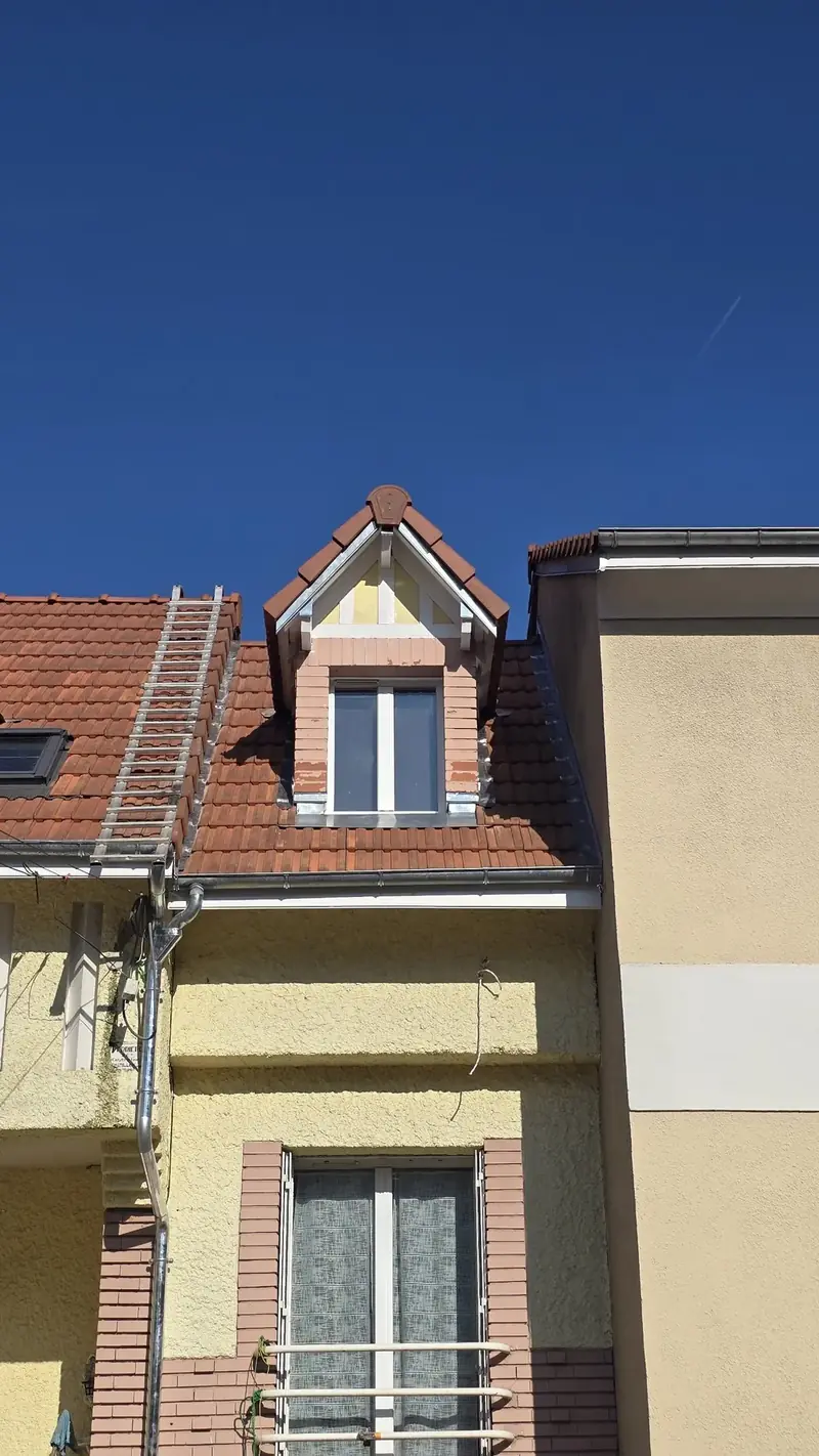 Lucarne et raccords – Lucarne et sa couverture en tuiles avec raccords métalliques, échelle contre le toit